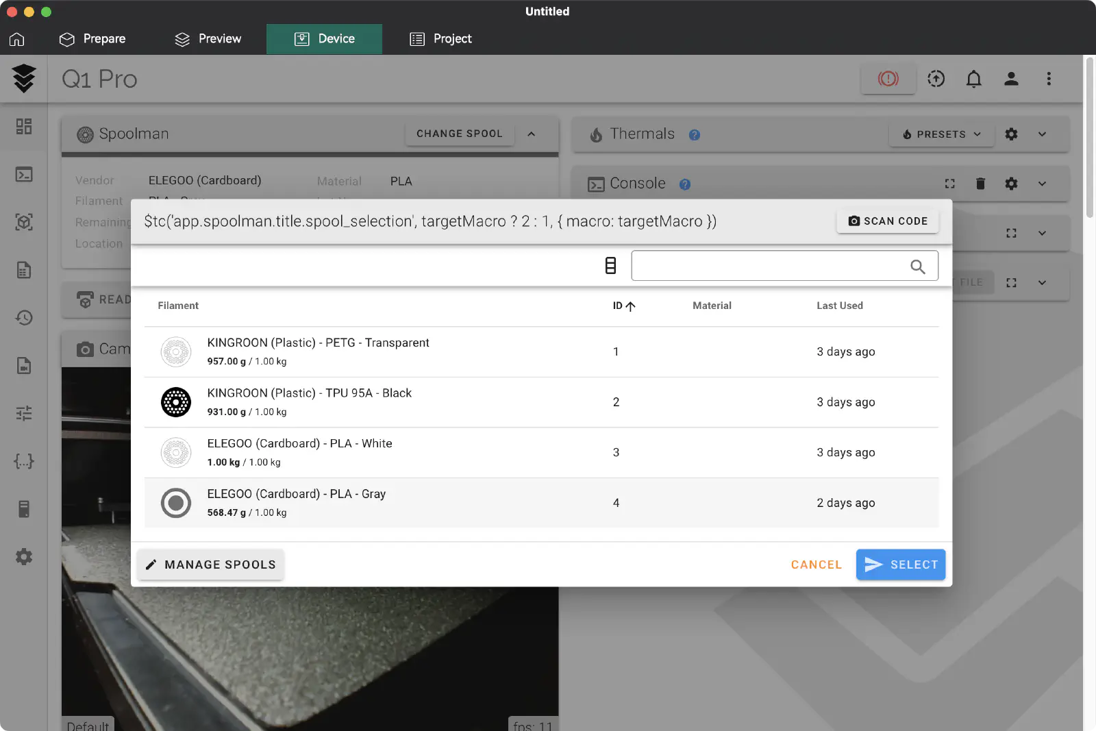 Spoolman interface in Fluidd